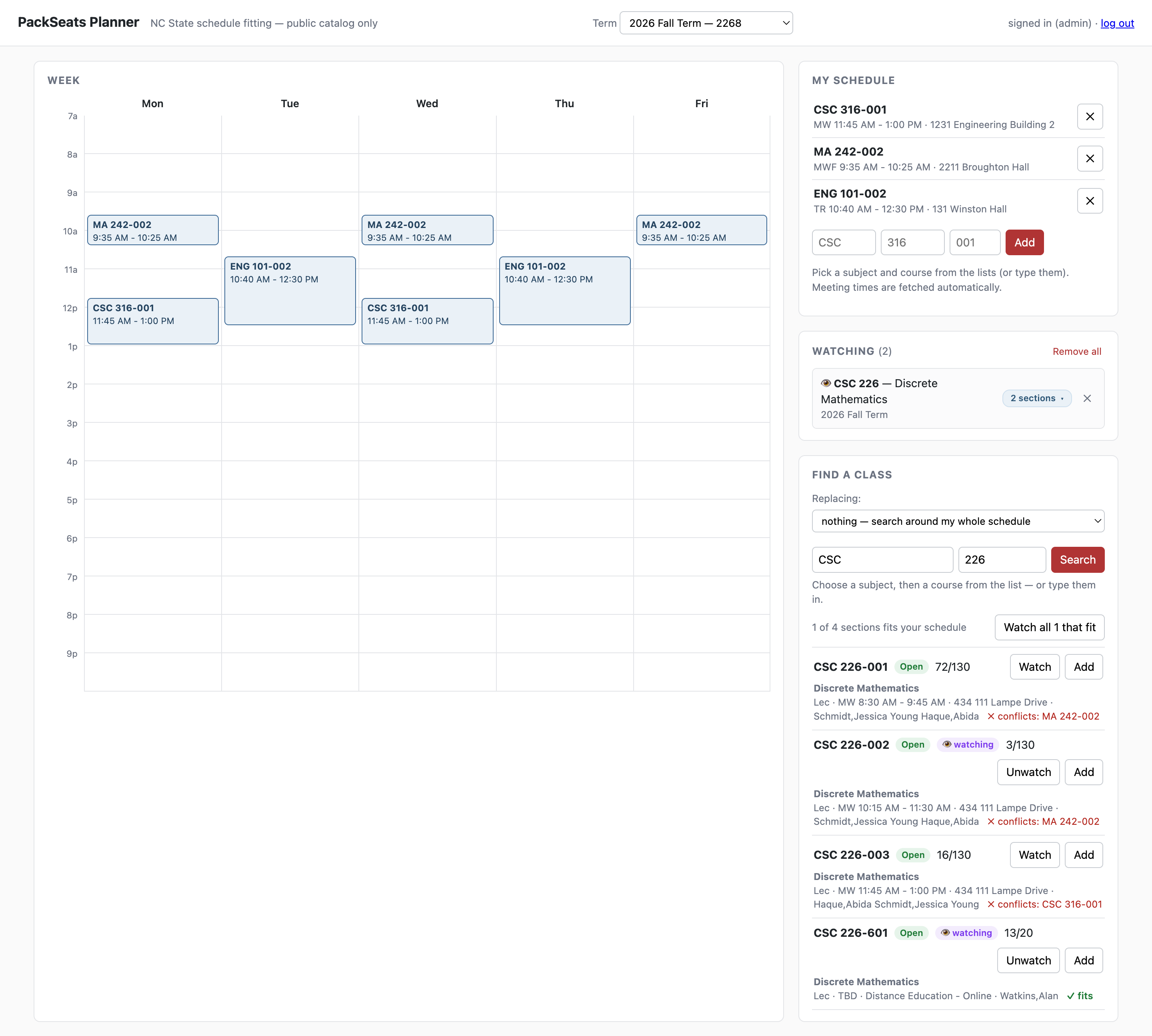 PackSeats planner: a weekly schedule grid with a conflict-aware course search showing which sections fit, live seat counts, and watched sections